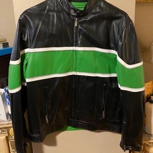 Leather jacket green and black.